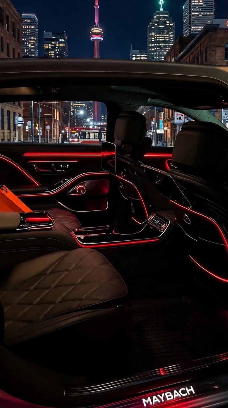 Black luxury vehicle with Toronto skyline at dusk